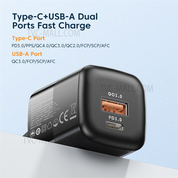 KUULAA RY-U33 Dual Port QC3.0 PD3.0 GaN Fast Charger 33W PD Type-C+USB Phone Charging Adapter - Black/UK Plug