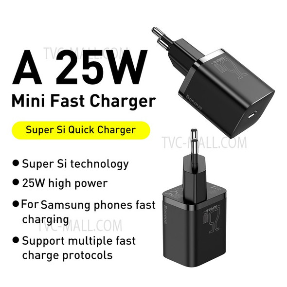 BASEUS Super Si Quick Charger Type-C 25W EU Plug PD Fast Charging Power Adapter - Black