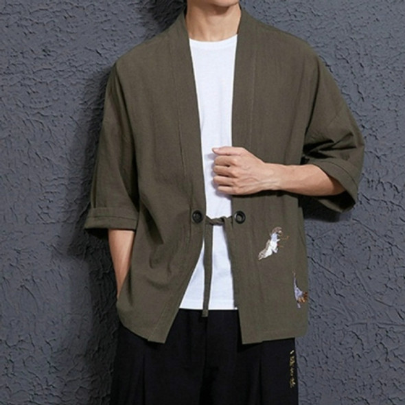 Men Loose Embroidery Hanfu Robe Cardigan, Size:XL(Green)