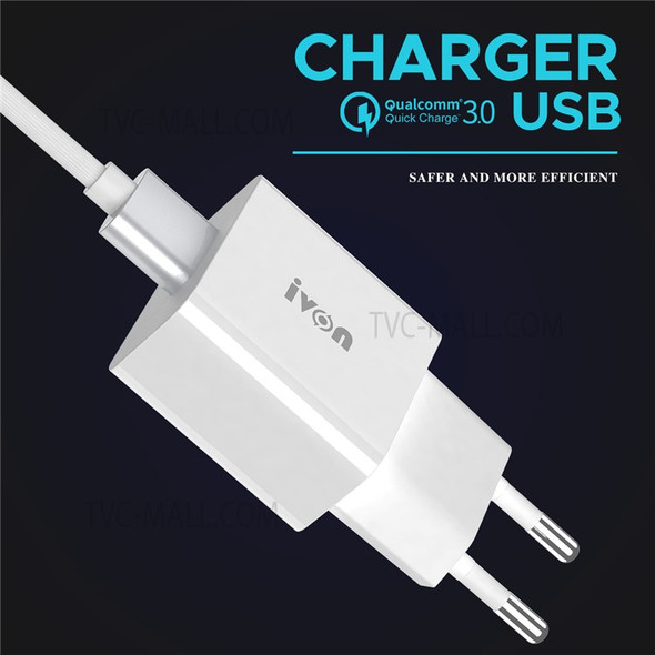 IVON AD-35 3A High Current Fast Charger Travel Power Adapter QC3.0 USB Wall Charger + 1m Micro USB Data Cable - EU Plug