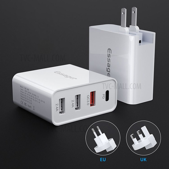 ESSAGER 4 Ports Quick Charge (PD+QC3.0+Dual U2.4A) Phone Charger US Plug + EU and UK Adapters