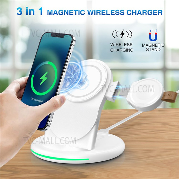 W-03 For Magsafe 3 in 1 Wireless Charger 15W Fast Charging Station Portable Charger Stand for iPhone 13/12 Series/AirPods Pro/iWatch - White