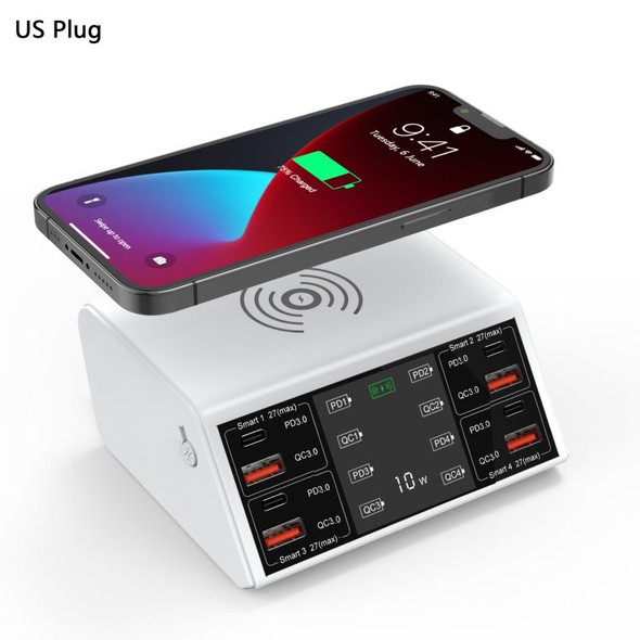 10W Wireless Phone Charger QC 3.0 PD USB Fast Charger Multi USB Ports Fast Charging Station - White//US Plug