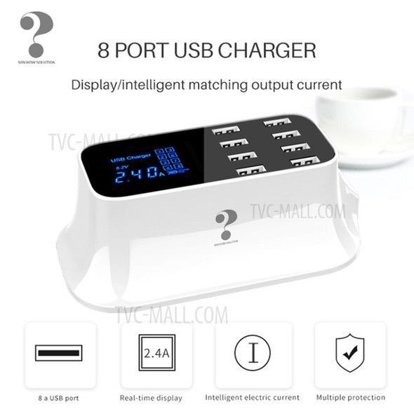 WIN HOW SOLUTION YC-CDA19 5V 8A 8 USB Ports Smart Charger with LCD Output Current and Voltage Display - Black Surface / EU Plug