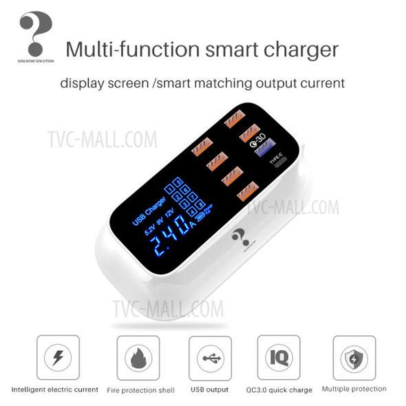 WIN HOW SOLUTION YC-CDA19Q 40W Fast Charging QC3.0 USB Type-C PD Charger Station LED Display Mobile Phone Tablet USB Charger (CE Certificated) - EU Plug