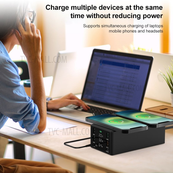 HHW-888W Dual Wireless Charging Dock USB-A USB-C QC3.0 PD Charger Hub LED Display Phone Tablet Laptop Fast Charging Station - Black/US Plug