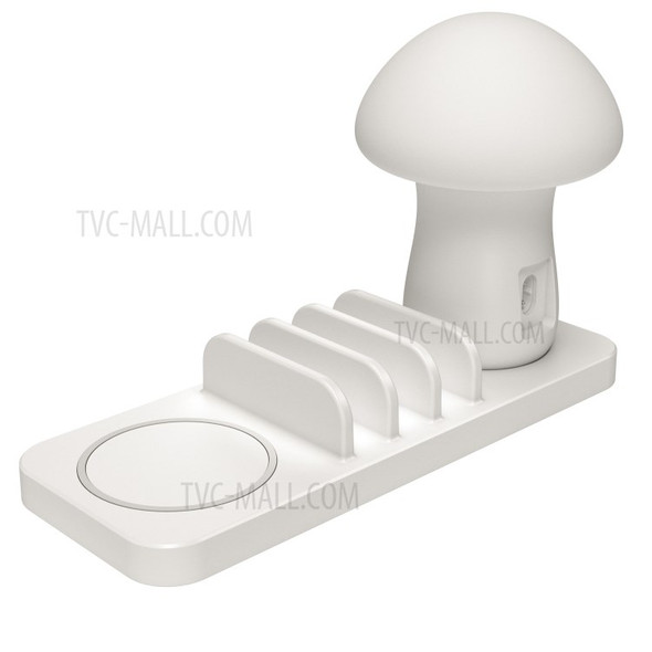 UD12 3 in 1 Mushroom LED Nightlight Wireless USB Phone Charging Dock Bracket Stand - White / EU Plug