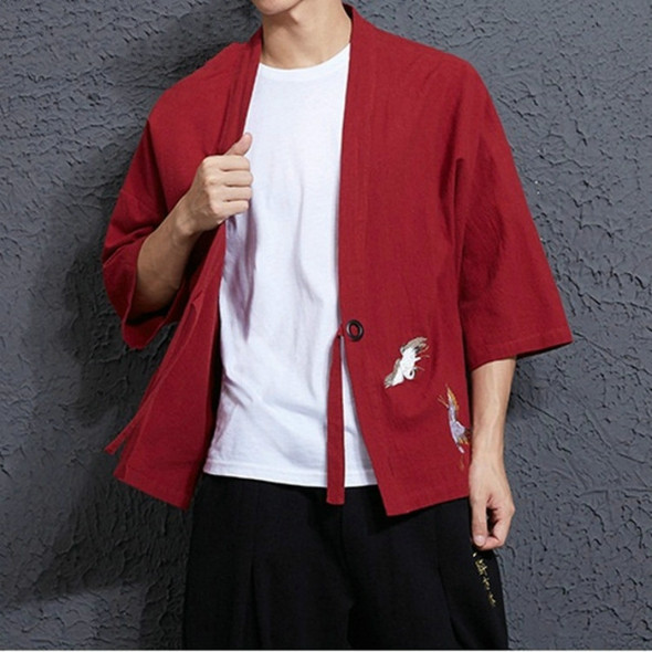 Men Loose Embroidery Hanfu Robe Cardigan, Size:XXL(Red Wine)