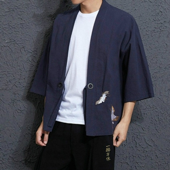 Men Loose Embroidery Hanfu Robe Cardigan, Size:XXL(Navy)