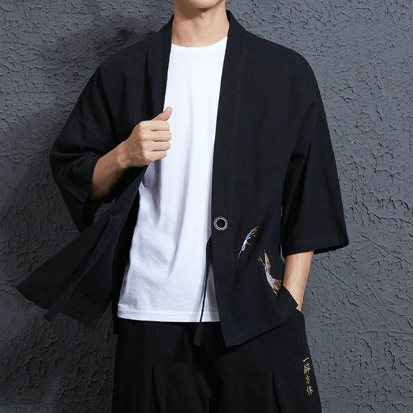 Men Loose Embroidery Hanfu Robe Cardigan, Size:XXL(Black)