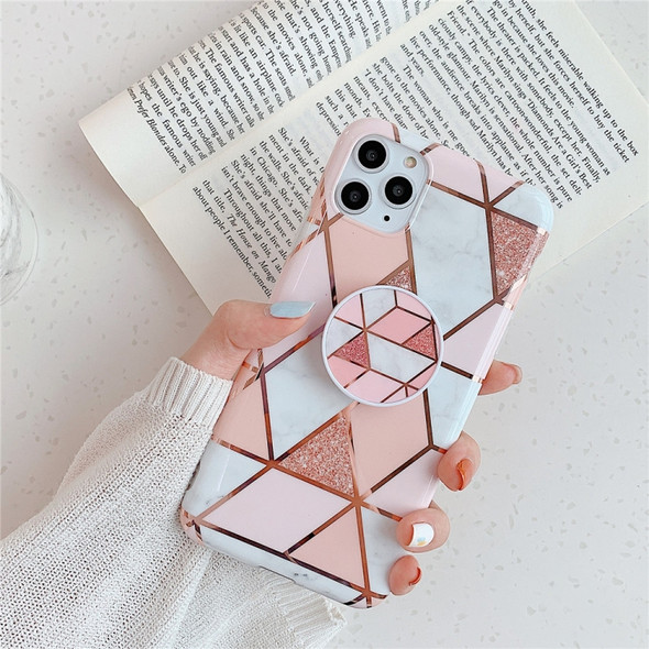 For iPhone 11 Plating Colorful Geometric Pattern Mosaic Marble TPU Mobile Phone Case with Folding Bracket(Pink PF1)