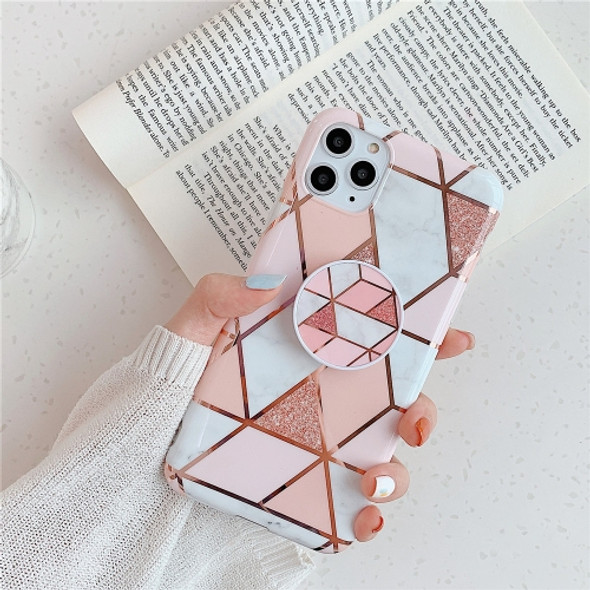 For iPhone 11 Pro   Plating Colorful Geometric Pattern Mosaic Marble TPU Mobile Phone Case with Folding Bracket(Pink PF1)