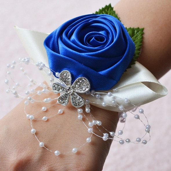 Handmade Wedding Bride Wrist Flower Boutonniere Bouquet Corsage Diamond Satin Rose Flowers(Blue)