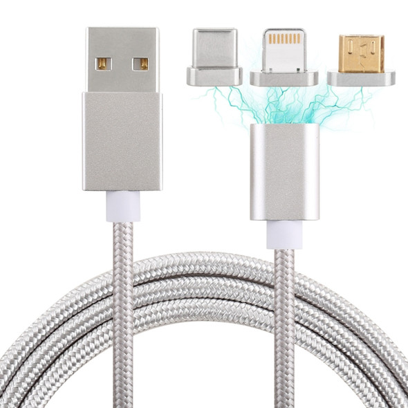 1m 3 in 1 USB to Micro USB + 8 Pin + USB-C / Type-C Magnetic Detachable Cable, For iPhone, Galaxy, Huawei, Xiaomi, HTC, Sony and other Smartphones(Silver)