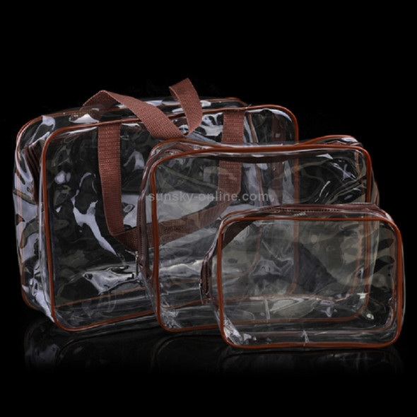Portable Travel Zip Look PVC Bags Waterproof Transparent Makeup Storage Bag, SIZE:3Pcs Set(Brown)