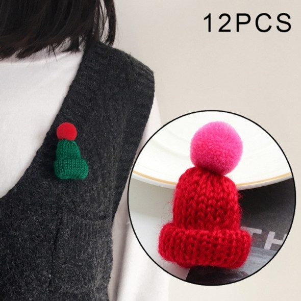 12PCS Cute Mini Knitted Hairball Hat Brooch Sweater Pins Badge(Wine red)
