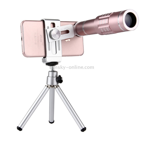 Universal 18X Magnification Lens Mobile Phone 3 in 1 Telescope + Tripod Mount + Mobile Phone Clip, For iPhone, Galaxy, Huawei, Xiaomi, LG, HTC and Other Smart Phones(Rose Gold)