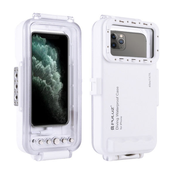 PULUZ 45m Waterproof Diving Housing Photo Video Taking Underwater Cover Case for iPhone 11, iPhone X, iPhone 8 & 7, iPhone 6s, iOS 13.0 or Above Version iPhone(White)