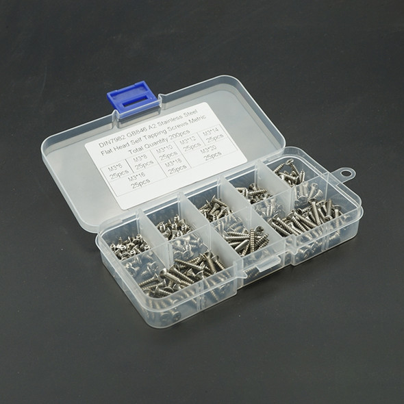 200 PCS M3 Stainless Steel 304 Countersunk Flat Head Tapping Screw Combination Set