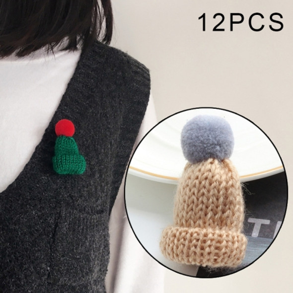 12PCS Cute Mini Knitted Hairball Hat Brooch Sweater Pins Badge(Light coffee)