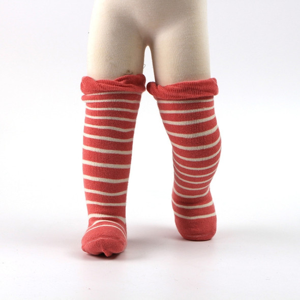 Autumn And Winter Baby Terry Warmth Plus Velvet Thick High Knee Socks, Size:0-1 Years Old(White On Red Stripes)