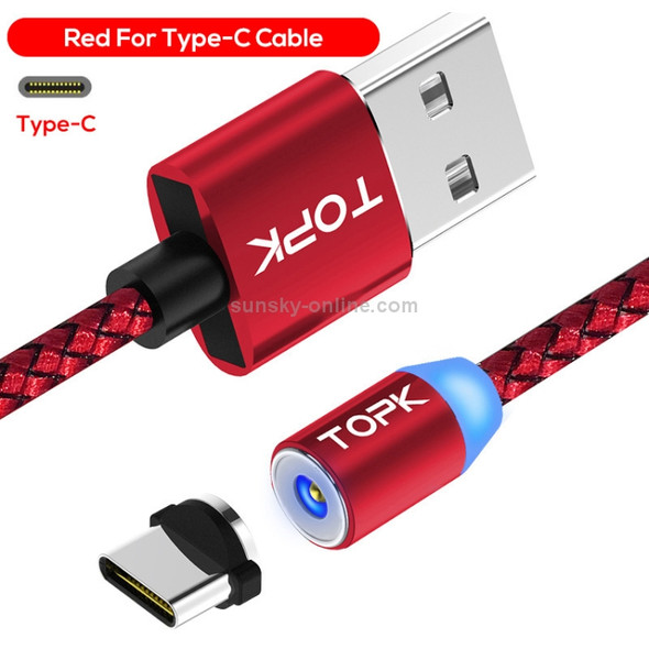 TOPK 1m 2.1A Output USB to USB-C / Type-C Mesh Braided Magnetic Charging Cable with LED Indicator(Red)