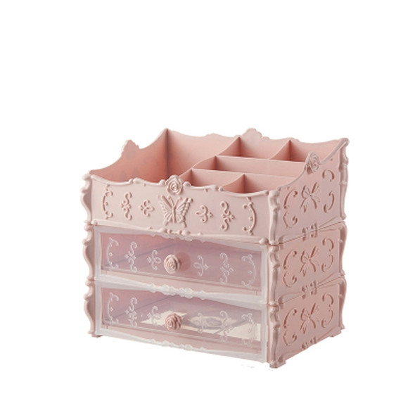 Plastic Cosmetic Drawer Container Makeup Organizer Box Jewelry Nail Holder Home Desktop Sundry Storage Case(Transparent Pink Two Layer)