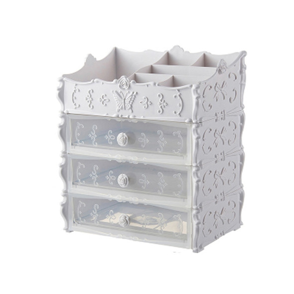 Plastic Cosmetic Drawer Container Makeup Organizer Box Jewelry Nail Holder Home Desktop Sundry Storage Case(Transparent White Three Layer)