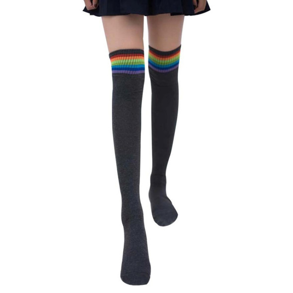 Color Striped Socks Student Cotton High Knee Socks(Dark Gray)