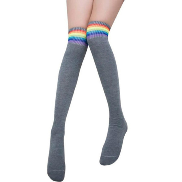 Color Striped Socks Student Cotton High Knee Socks(Light Gray)