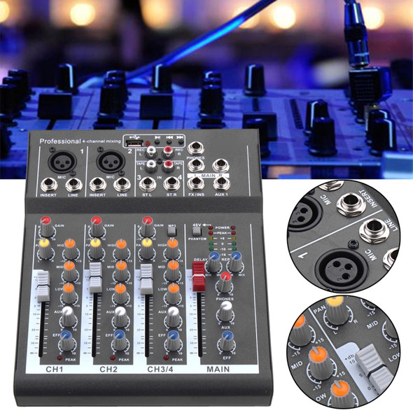 4 Channel Professional Karaoke Audio Mixer Amplifier Mini Microphone Sound Mixing Console with USB 48V Phantom Power Supply