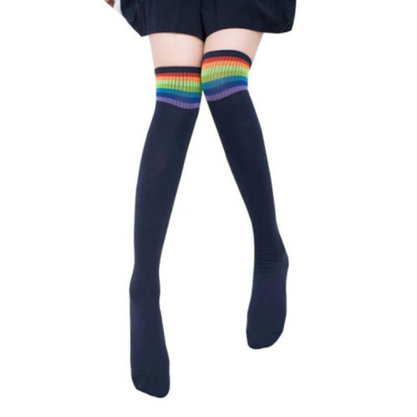 Color Striped Socks Student Cotton High Knee Socks(Navy Blue)