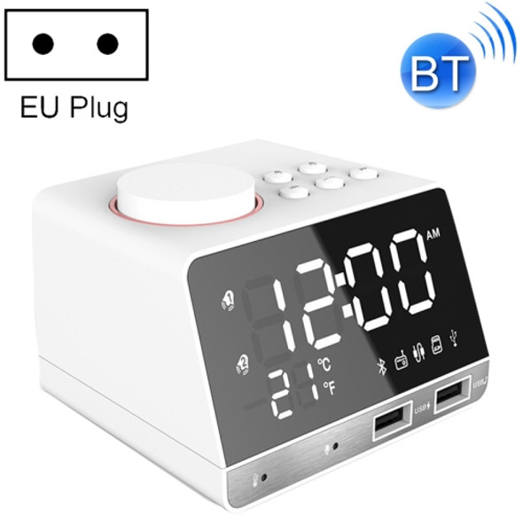 K11 Bluetooth Alarm Clock Speaker Creative Digital Music Clock Display Radio with Dual USB Interface, Support U Disk / TF Card / FM / AUX, EU Plug(White)