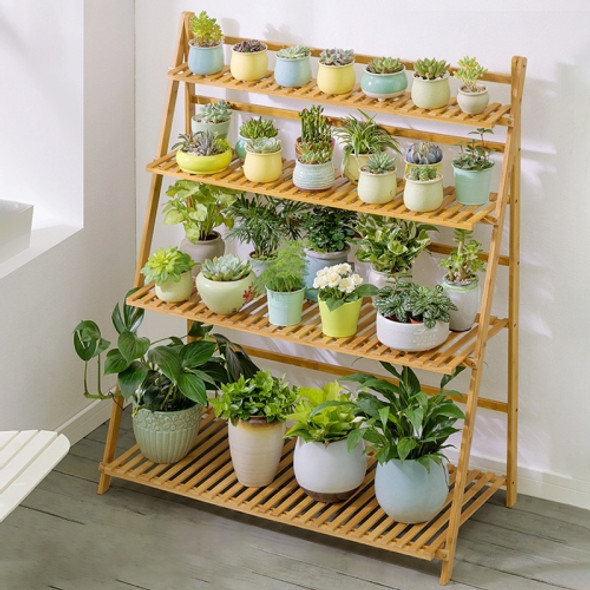 Bamboo 4-Tier Hanging Plant Stand Planter Shelves Flower Pot Storage Rack Folding Display Shelving Plants Shelf, Width: 100cm(Apricot)