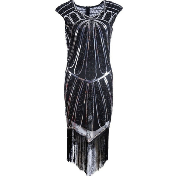 Women Tassel Sequined Round Neck Short Sleeve Gown (Black Silver_XXXL)