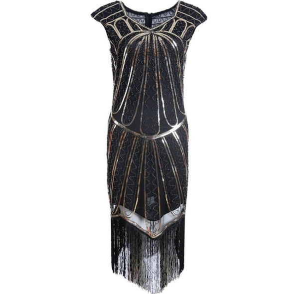 Women Tassel Sequined Round Neck Short Sleeve Gown (Black Gold_S)