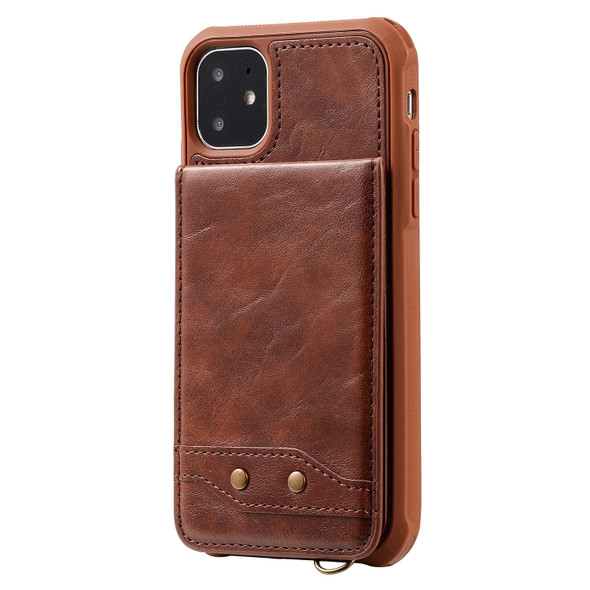 For iPhone 11 Vertical Flip Wallet Shockproof Back Cover Protective Case with Holder & Card Slots & Lanyard & Photos Frames(Coffee)