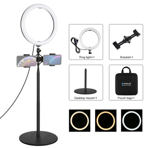 PULUZ 140cm Round Base Desktop Mount + Live Broadcast Dual Phone Bracket + 10.2 inch 26cm LED Ring Vlogging Video Light Kits with Cold Shoe Tripod Ball Head