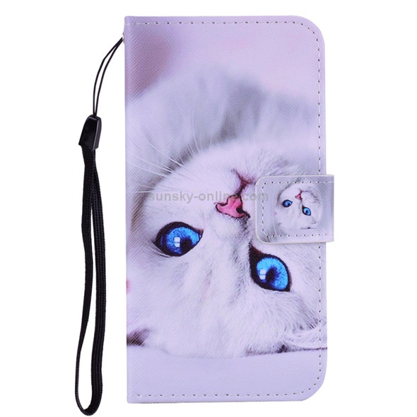 White Cat Pattern Colored Drawing Horizontal Flip Leather Case for Huawei P30 Lite, with Holder & Card Slots & Wallet & Lanyard
