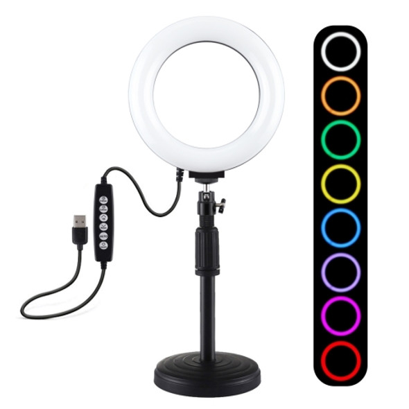 PULUZ 6.2 inch 16cm USB 10 Modes 8 Colors RGBW Dimmable LED Ring Vlogging Photography Video Lights + Round Base Desktop Mount with Cold Shoe Tripod Ball Head (Black)