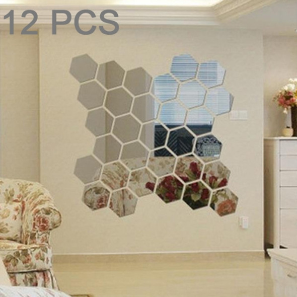12 PCS 3D Hexagonal Mirror Wall Stickers Set, Size: 4*4cm (Silver)