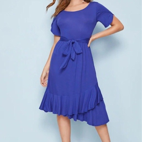Summer Waist Lace Dress (Color:Blue Size:S)