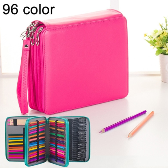 96 Slots Colored Pencil Case PU Leather Drawing Sketch Watercolor Pencils Holder Organizer with Hand Strap (Magenta)