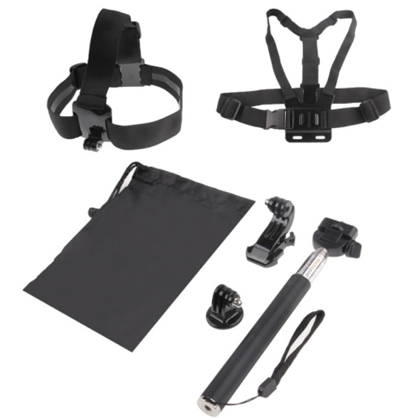 ST-143 6 in 1 Chest Strap (Type B) + Head Strap (Type B) + Monopod Pole + Tripod Adapter + J-shaped Bracket + Pouch for GoPro NEW HERO /HERO7 /6/ 5 /5 Session /4 /3+ /3 /2 /1(Black)
