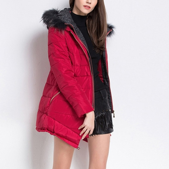 Fur Collar Hooded Fake Two-piece Long Down Jacket(Color:Red Size:XL)