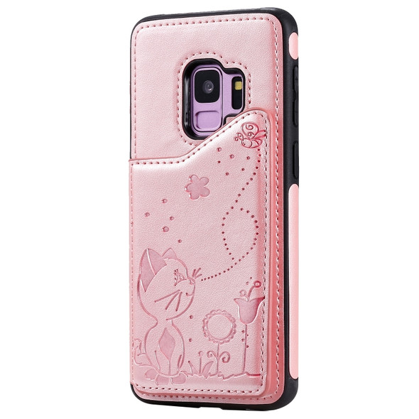 For Galaxy S9 Cat Bee Embossing Pattern Shockproof Protective Case with Card Slots & Photo Frame(Rose Gold)