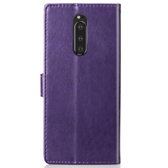 Lucky Clover Pressed Flowers Pattern Leather Case for Sony Xperia 1 / Xperia XZ4, with Holder & Card Slots & Wallet & Hand Strap (Purple)