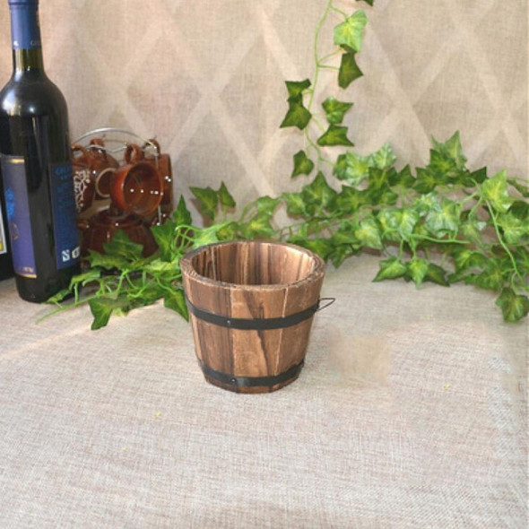 Balcony Vegetable Succulent Carbonized Wood Flower Pot Retro Small Wooden Bucket Home Decoration, Size:S, Style:Flat Mouth