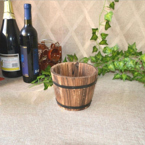 Balcony Vegetable Succulent Carbonized Wood Flower Pot Retro Small Wooden Bucket Home Decoration, Size:M, Style:Flat Mouth