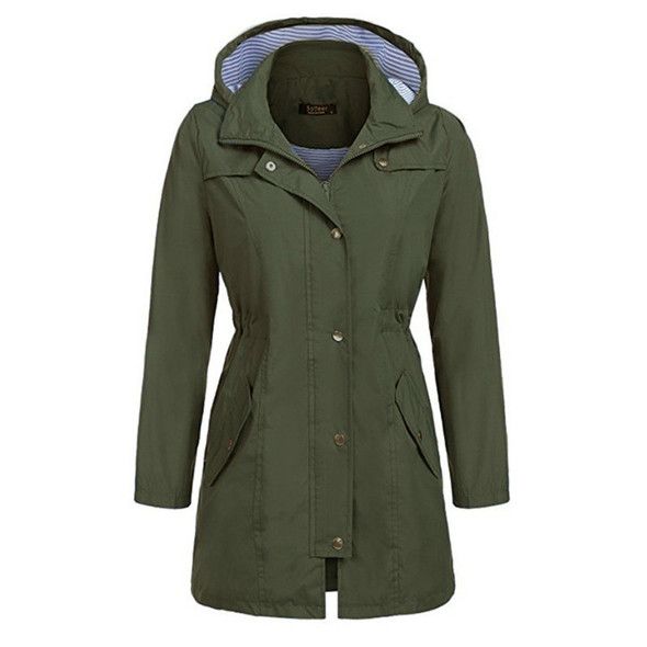 Casual  Women Waterproof Waist Hooded Long Coat(Army Green)